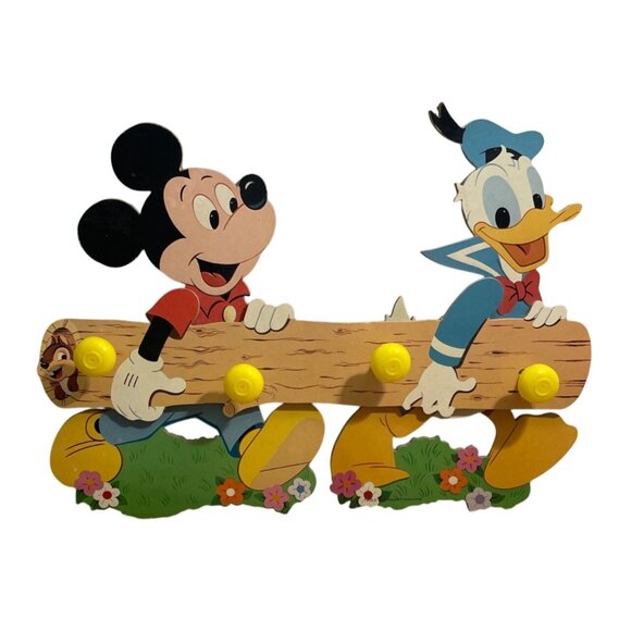Vtg Walt Disney Productions Mickey Donald Wooden Wall Coat Rack w 4 Hooks 1982 - Picture 1 of 8
